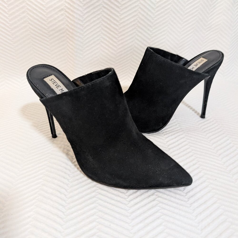 Steve Madden Darlene Black Suede Stiletto Mules High Heels Size 8 Pointy Toe